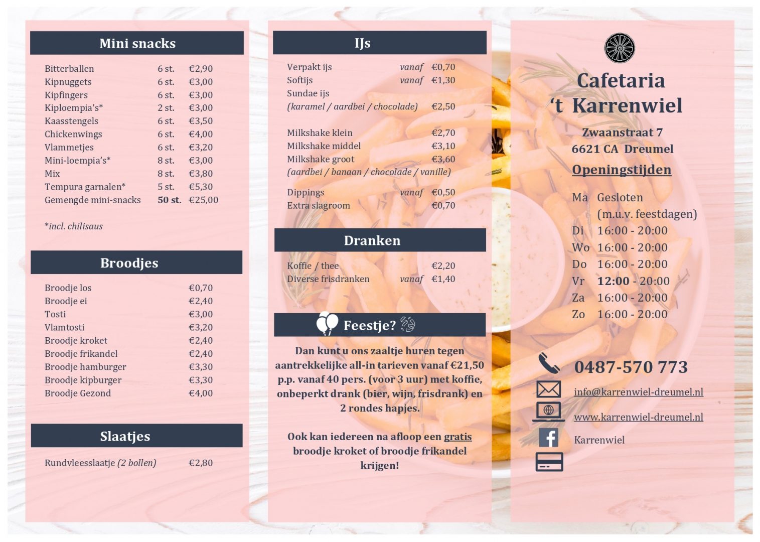 Menukaart cafetaria 't Karrenwiel, pagina 1: mini snacks, broodjes, slaatjes, ijs en dranken