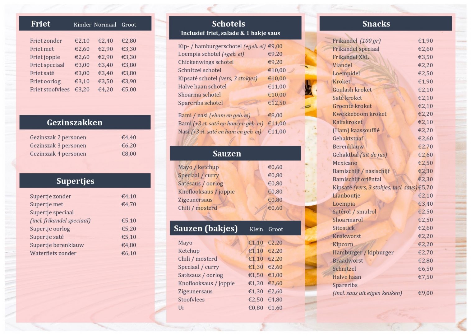 Menukaart cafetaria 't Karrenwiel, pagina 2: friet, gezinszakken, supertjes, schotels, sauzen en snacks